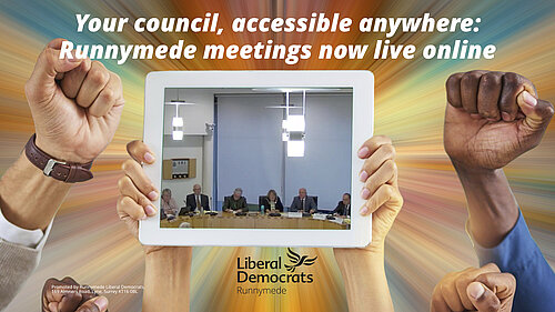 Picture of councilors and officers at a Runnymede Council meeting in the chamber