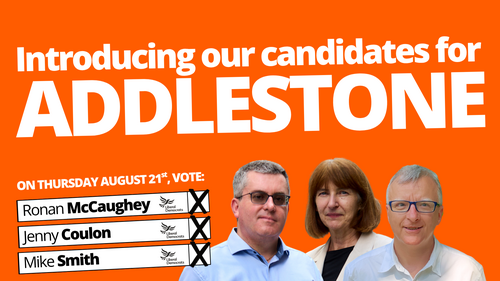 Addlestone by-election candidates Ronan McCaughey, Jenny Coulon and Mike Smith